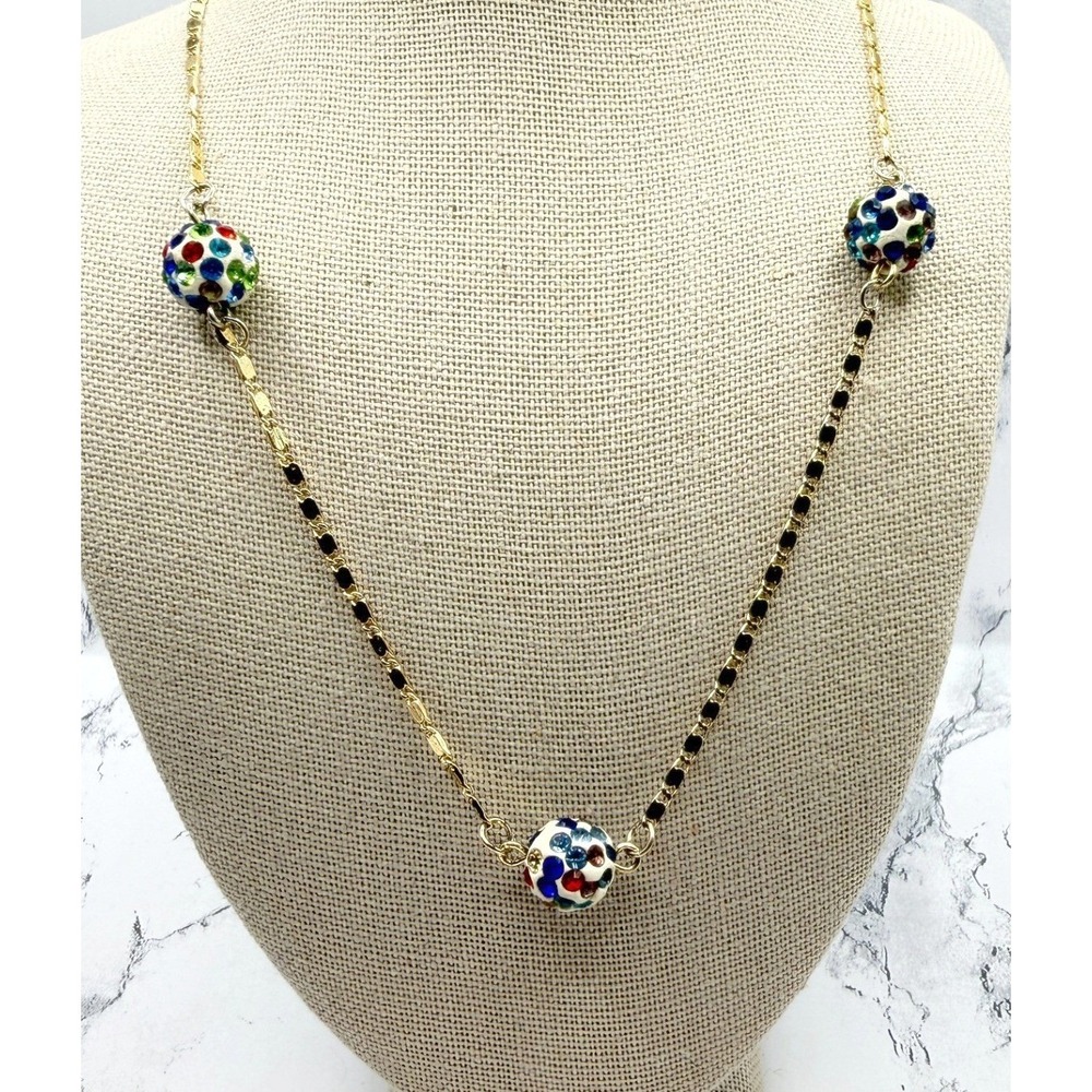 Gold Tone Station Necklace Multicolor‎ Rhinestone Ball Beads 18 Inch